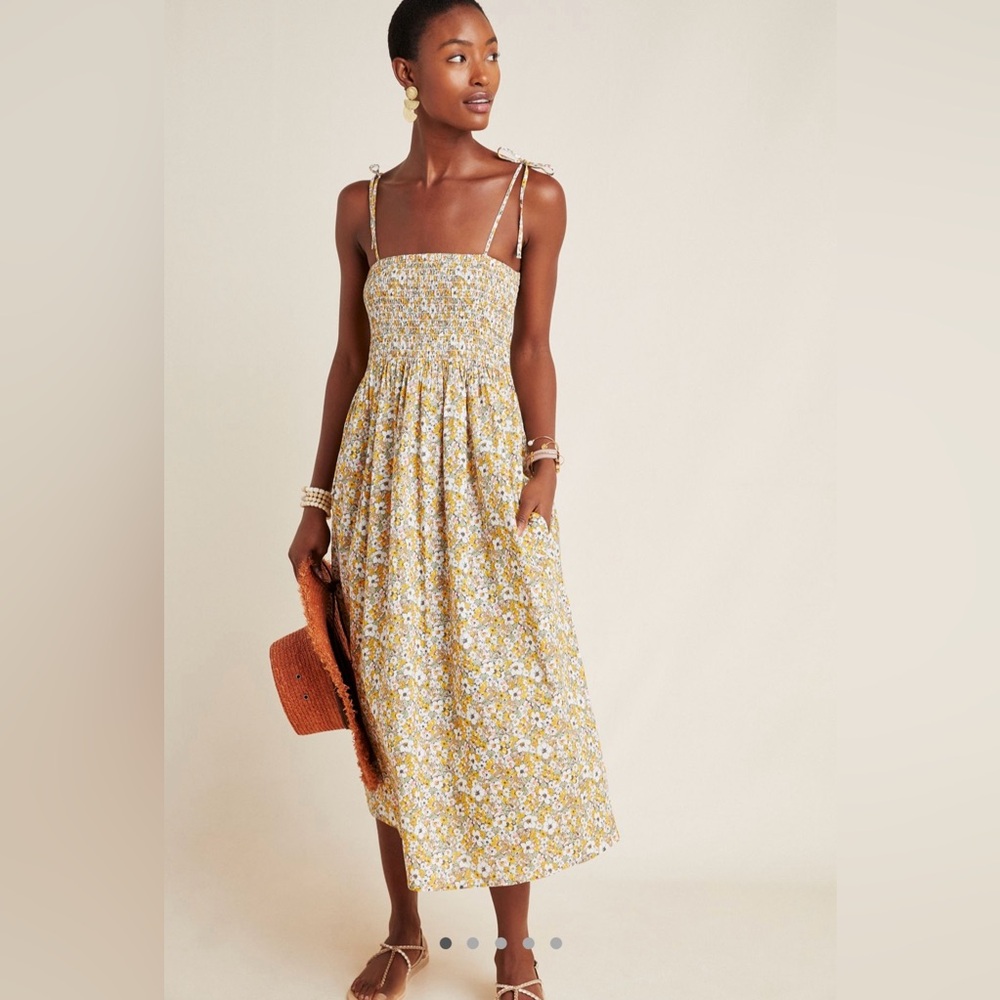 Anthropologie Yellow Floral Smocked Maxi Dress
